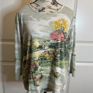 Basic Editions Women's Large Fall Autumn Scene‎ Woman 3/4 Sleeve Embellished Top